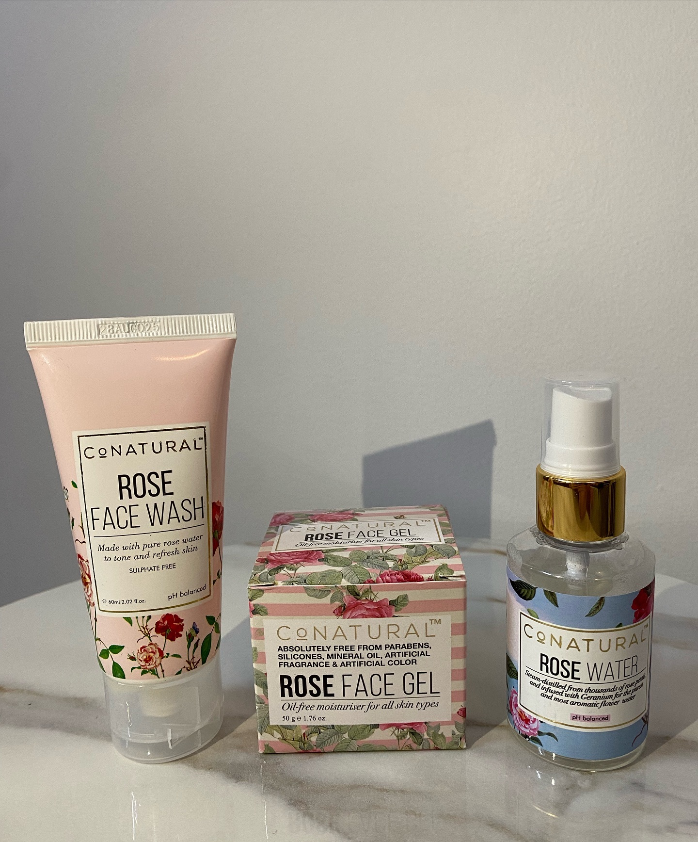 Hydrated skin all day long with conatural products.

- Rose Face Wash
- Rose Water 
- Rose Face Gel 