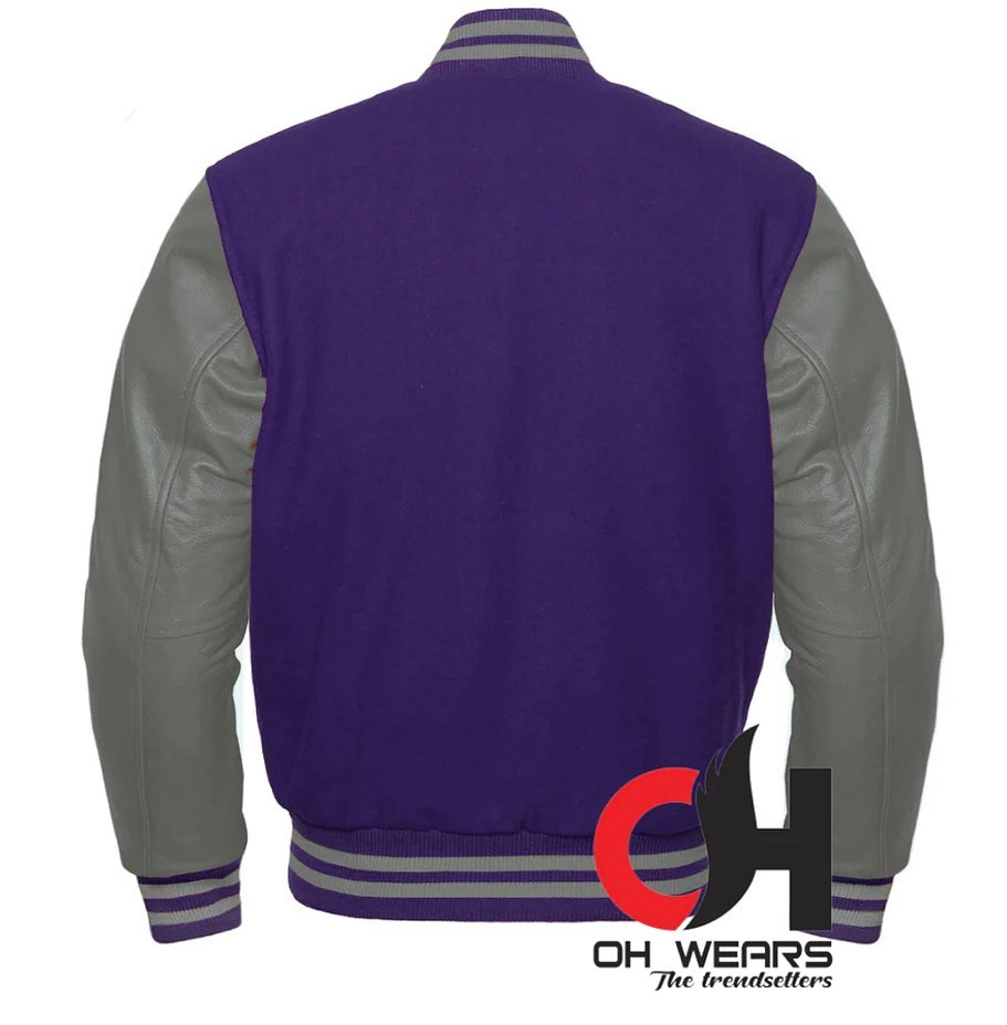 Varsity Letterman Baseball Bomber Purple Wool and Grey Leather Sleeves Jacket (Men, women and kid