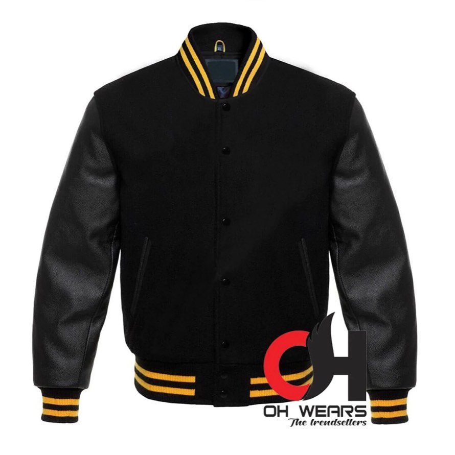 Varsity Letterman Baseball Bomber Black Wool and Genuine Black Leather Sleeves Jacket

Note:
Custom 