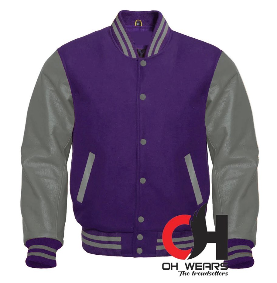 Varsity Letterman Baseball Bomber Purple Wool and Grey Leather Sleeves Jacket (Men, women and kid