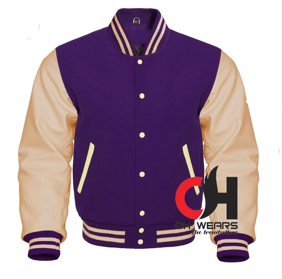 Varsity Letterman Baseball in Purple Wool and Cream Leather Sleeves Jacket (Men, women and kid