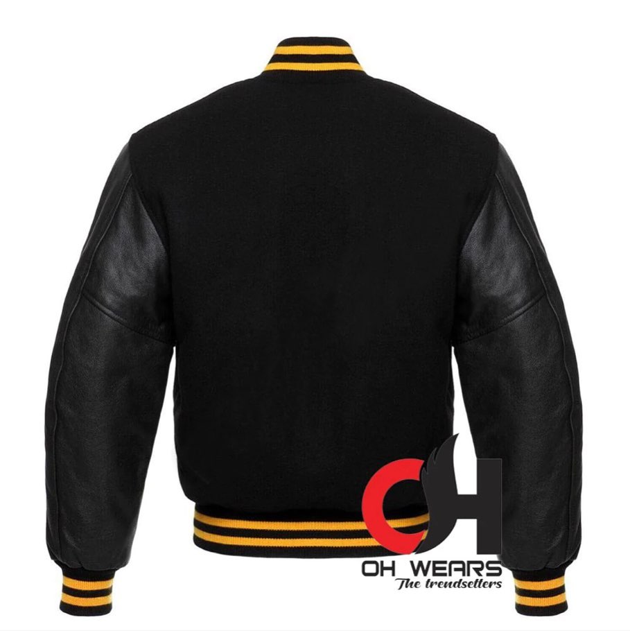 Varsity Letterman Baseball Bomber Black Wool and Genuine Black Leather Sleeves Jacket

Note:
Custom 
