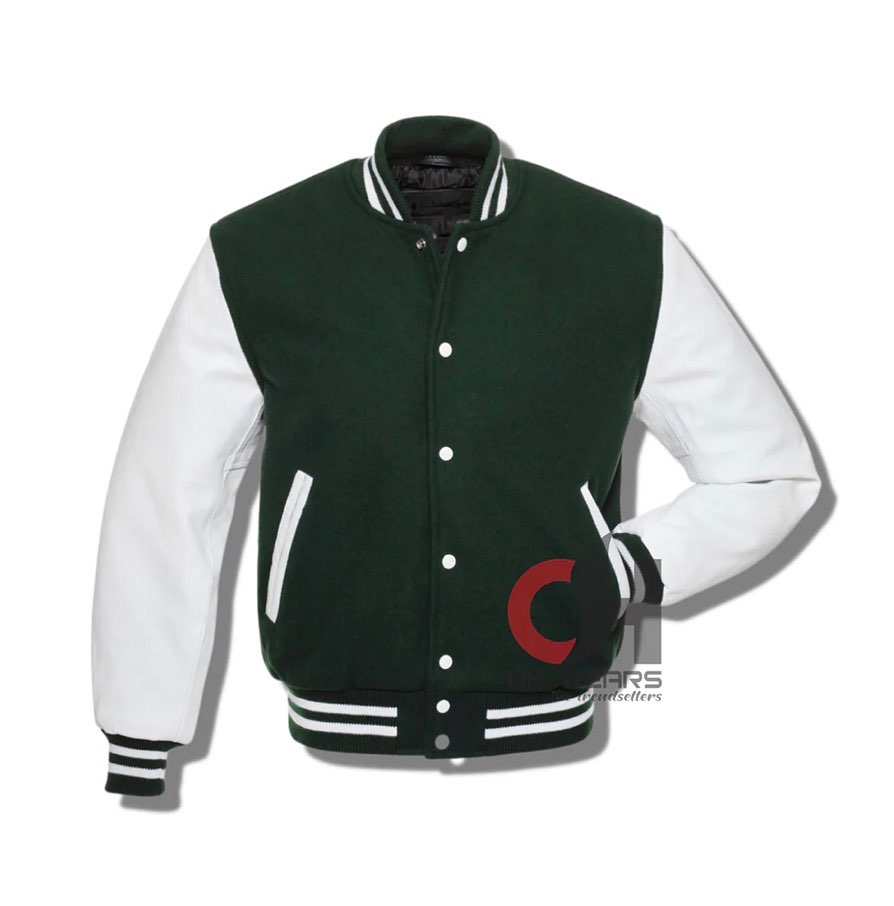 Varsity Letterman Baseball Bomber Jacket In Green Wool and White Leather Sleeves (Men, women and kid