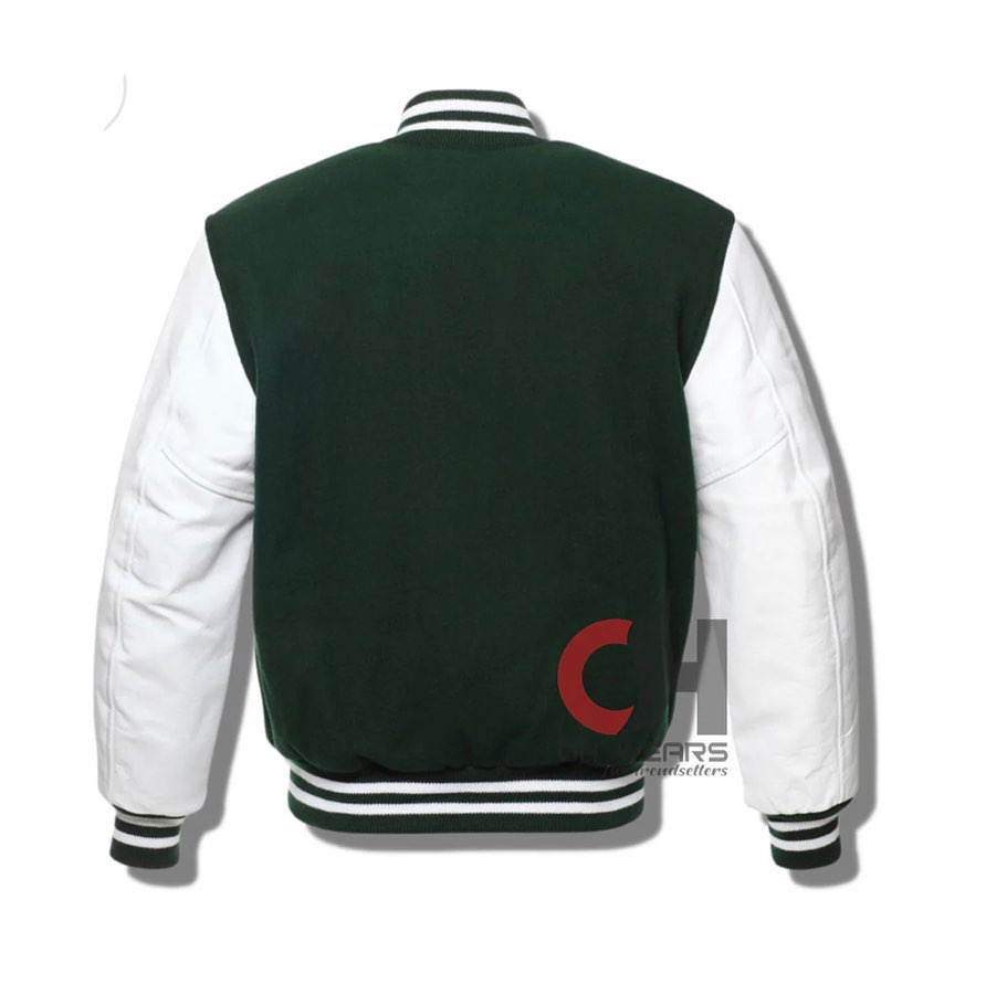 Varsity Letterman Baseball Bomber Jacket In Green Wool and White Leather Sleeves (Men, women and kid