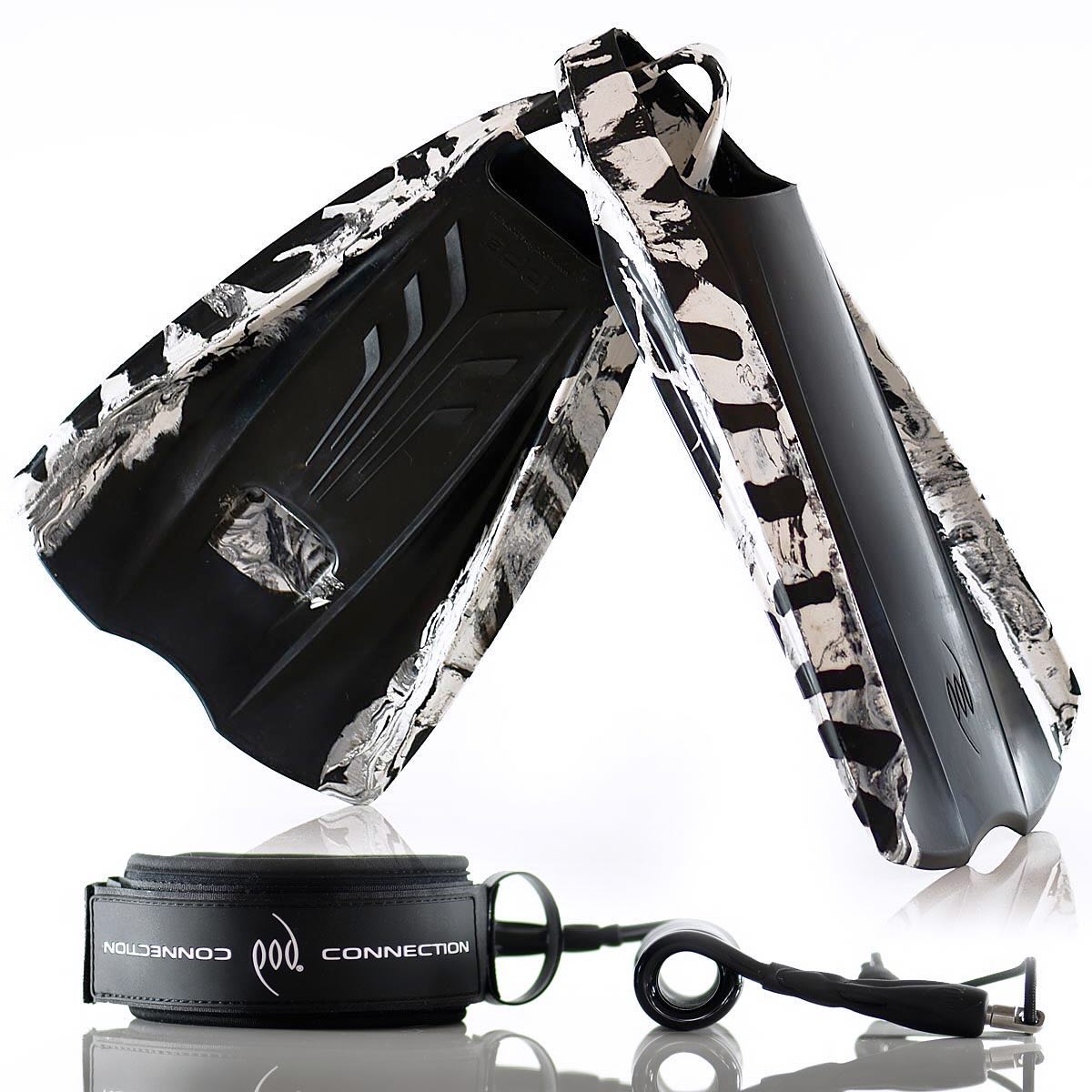 PF2s POD Fins & POD Bicep Leashes All Stainless Steel Parts 3 Bicep Sizes.

PF2s Variegated Black/Wh