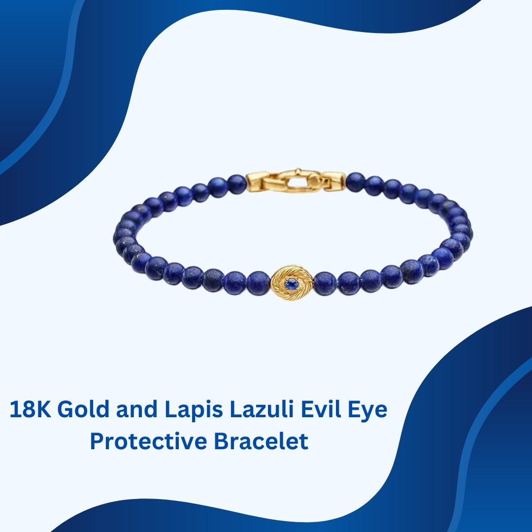 The 18K Gold and Lapis Lazuli Evil Eye Protective Bracelet beautifully combines the luxurious shine 