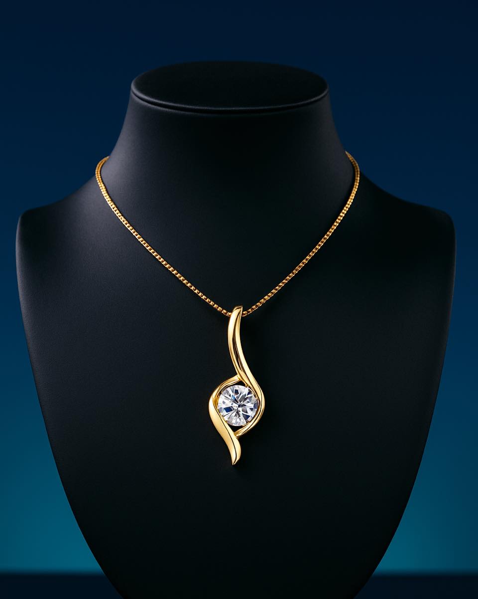 Curves that captivate.\nOur gold moissanite necklace is a celebration of form, light, and the essenc
