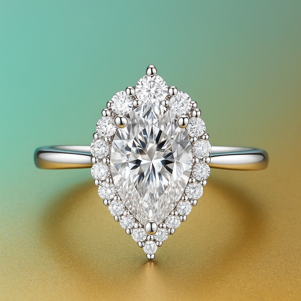 This magnificent halo solitaire ring features a central pear-cut moissanite, complemented by surroun