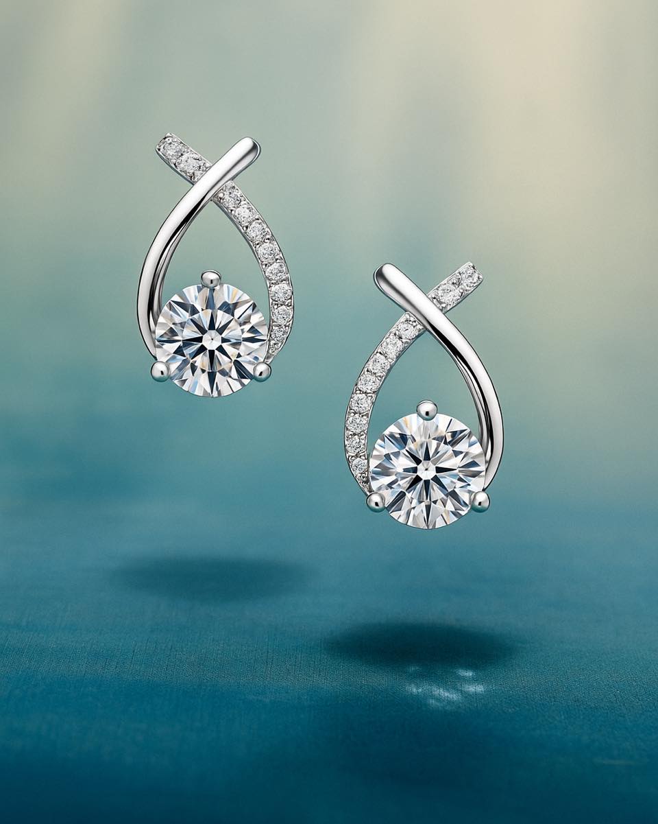 Where design meets light. Earrings adorned with moissanites that radiate timeless elegance and unmat