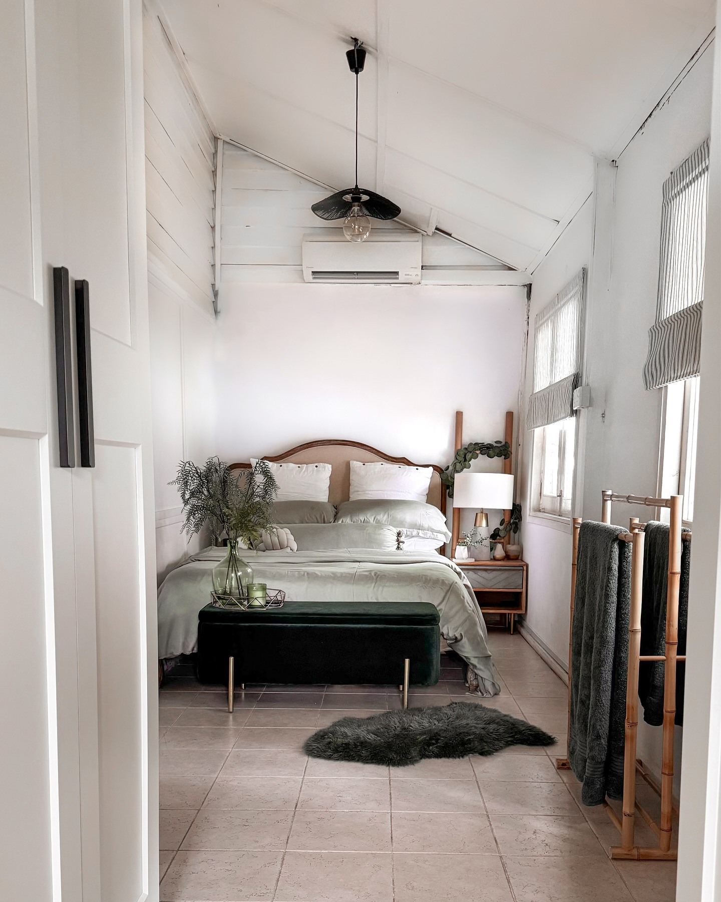 Both angles of our very long, thin bedroom - itâ€™s all looking rather white and plain atm, so Iâ€™m