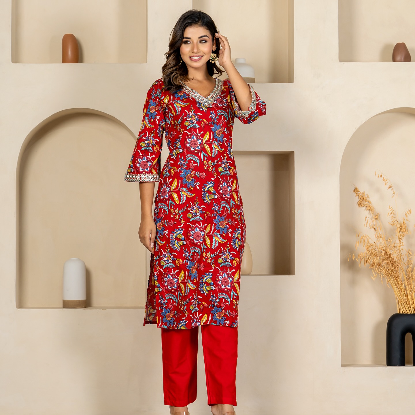 Draped in elegance with this red embroidered Jaipuri kurti and pant set 🌸✨. Embrace tradition with 