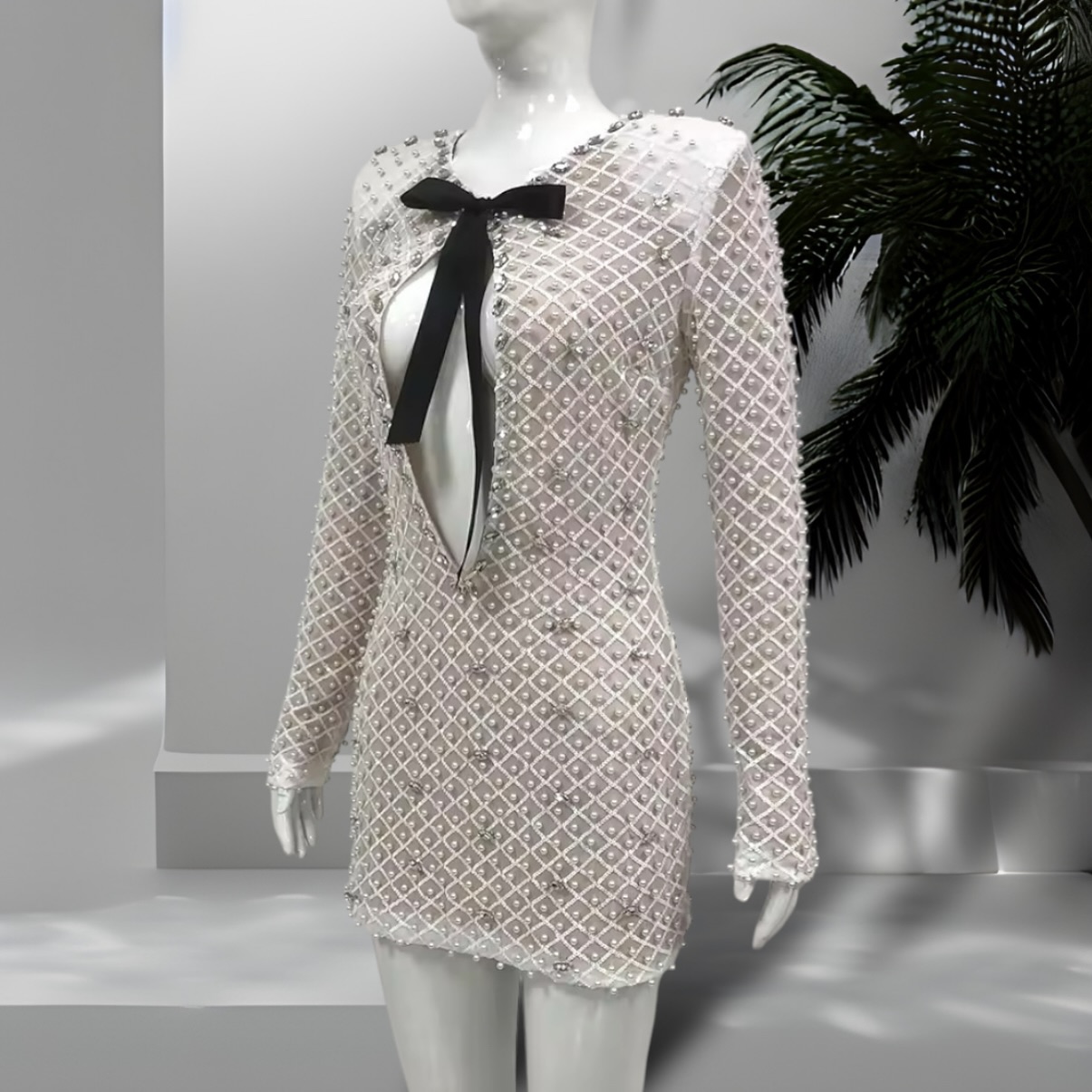 Long Sleeves Bow Tie Pearl Mini Gown Dress. Available in various sizes.
.
.

#jeyboutique
#collabora